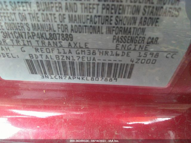 3N1CN7AP4KL807889 Nissan Versa Sedan Sv