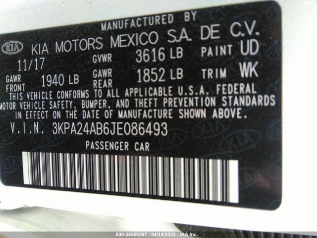 3KPA24AB6JE086493 KIA RIO S