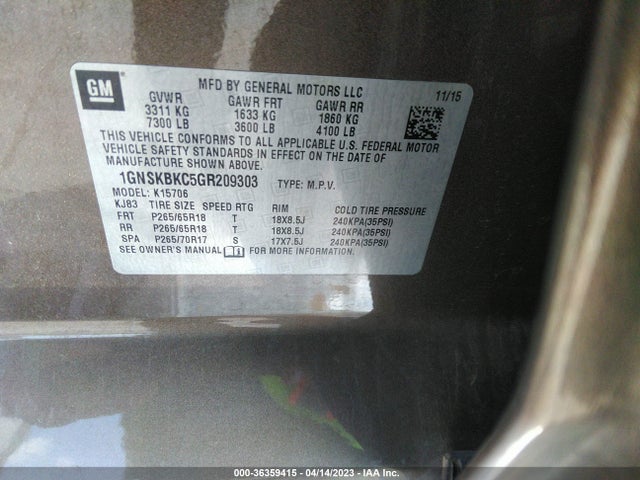 Chevrolet Tahoe Lt 2016 1GNSKBKC5GR209303 Image 10
