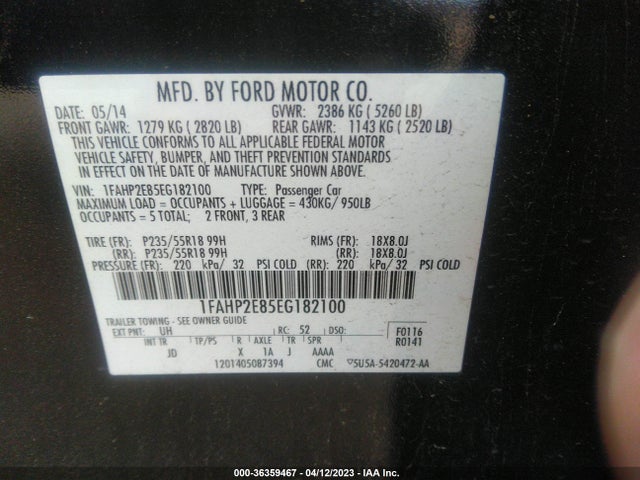 Ford TAURUS SEL 2014 1FAHP2E85EG182100 Image 9