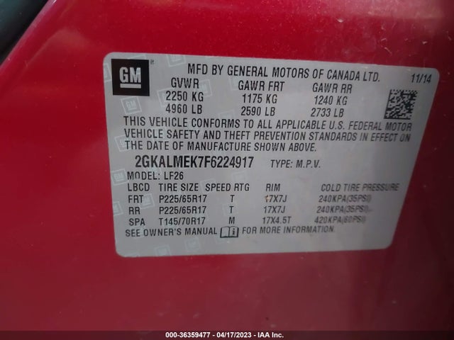 GMC Terrain Sle 2015 2GKALMEK7F6224917 Image 9