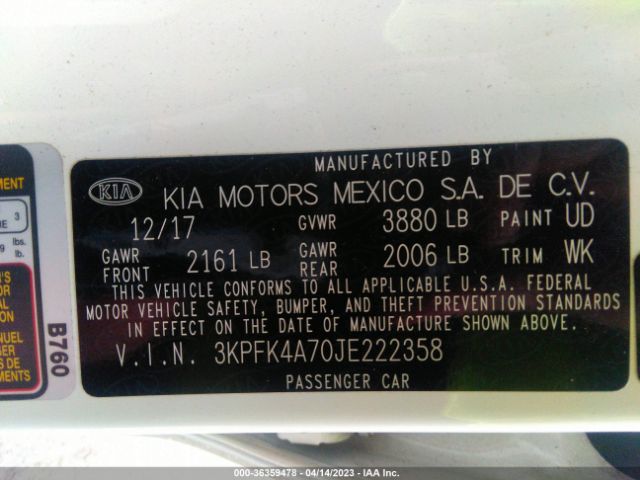 3KPFK4A70JE222358 KIA FORTE LX