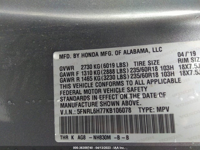 Honda Odyssey Ex-l 2019 5FNRL6H77KB106078 Image 9