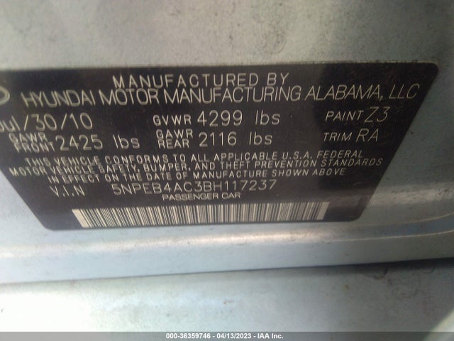 2011 HYUNDAI SONATA GLS PZEV VIN: 5NPEB4AC3BH117237