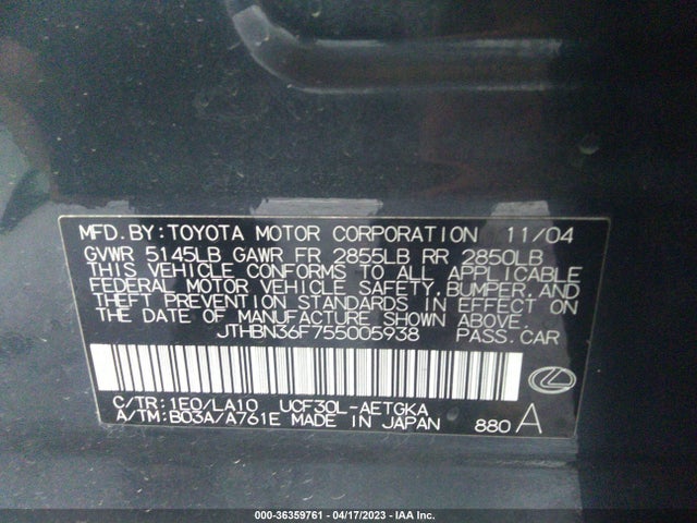 2005 LEXUS LS 430 VIN: JTHBN36F755005938