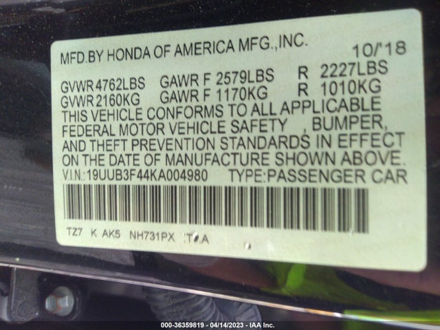 2019 ACURA TLX W/TECHNOLOGY PKG VIN: 19UUB3F44KA004980