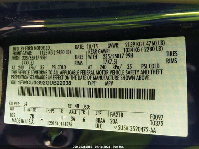 2016 FORD ESCAPE SE VIN: 1FMCU0G92GUB22038