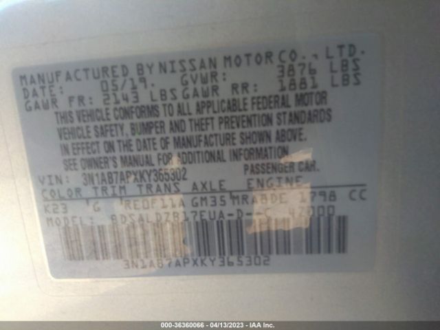 3N1AB7APXKY365302 Nissan SENTRA SV