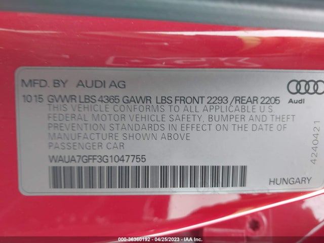 WAUA7GFF3G1047755 Audi A3 1.8t Premium