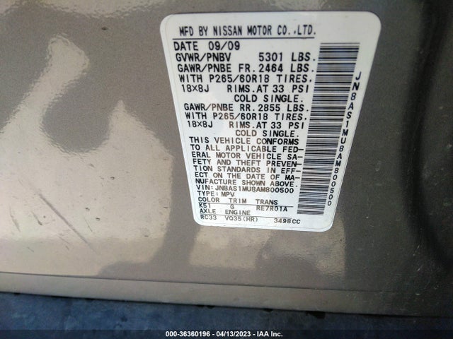2010 INFINITI FX35 VIN: JN8AS1MU8AM800500
