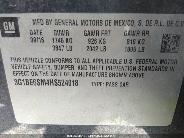 Chevrolet CRUZE LT 2017 3G1BE6SM4HS524018 Image 10
