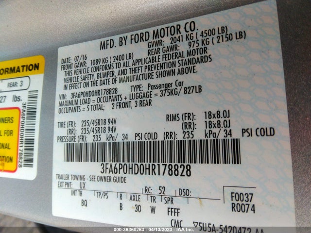 Ford FUSION SE 2017 3FA6P0HD0HR178828 Image 9