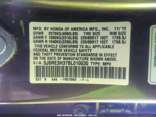 2011 HONDA CR-V LX VIN: 5J6RE3H37BL010030