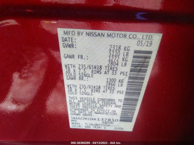5N1AZ2MJ3KN137850 Nissan MURANO SV
