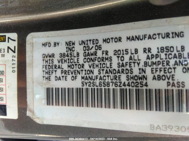 2006 PONTIAC VIBE VIN: 5Y2SL65876Z440254