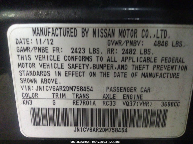 2013 INFINITI G37 SEDAN X VIN: JN1CV6AR2DM758454