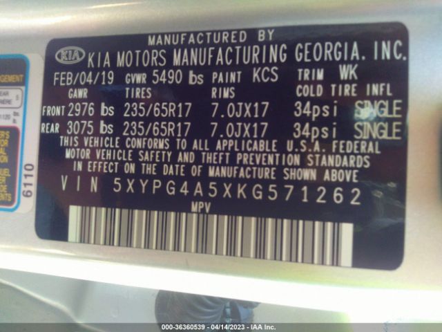 5XYPG4A5XKG571262 KIA Sorento Lx V6