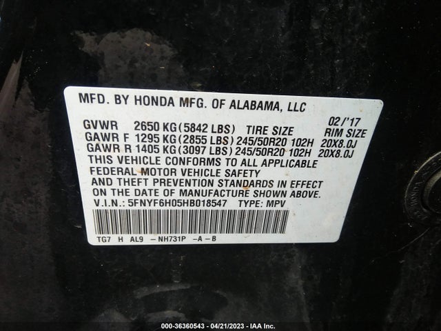 Honda Pilot Elite 2017 5FNYF6H05HB018547 Image 9