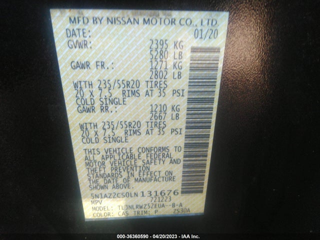 2020 NISSAN MURANO SL VIN: 5N1AZ2CS0LN131676