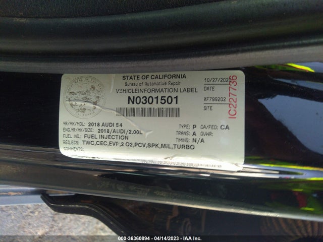 2018 AUDI S4 PREMIUM PLUS VIN: WAUB4AF47JA043904
