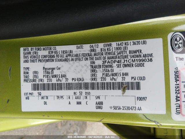 2012 FORD FIESTA SE VIN: 3FADP4EJ1CM199038