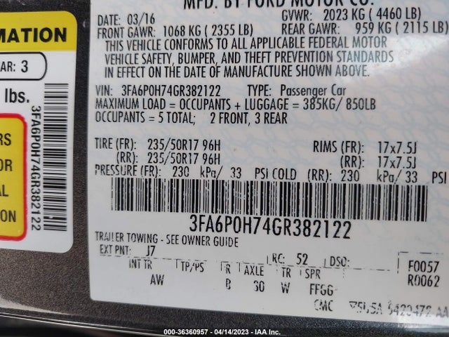 Ford FUSION SE 2016 3FA6P0H74GR382122 Image 9