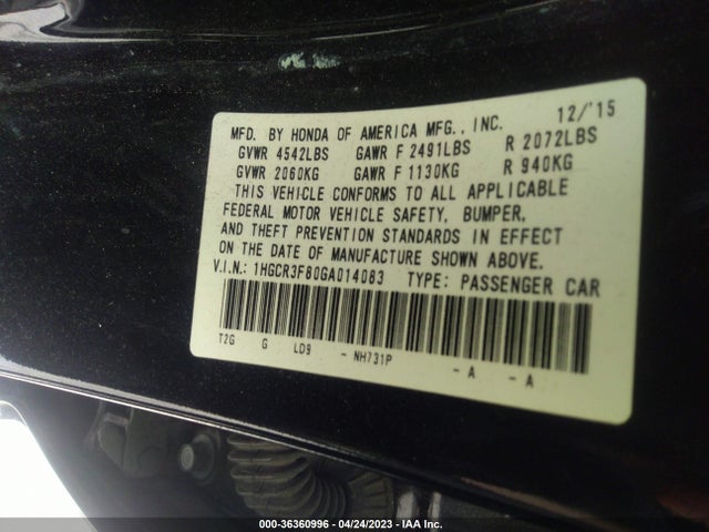 2016 HONDA ACCORD SEDAN EX-L VIN: 1HGCR3F80GA014083