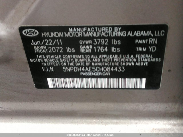 2012 HYUNDAI ELANTRA GLS VIN: 5NPDH4AE5CH084433
