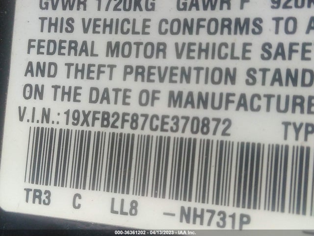 2012 HONDA CIVIC SDN EX VIN: 19XFB2F87CE370872