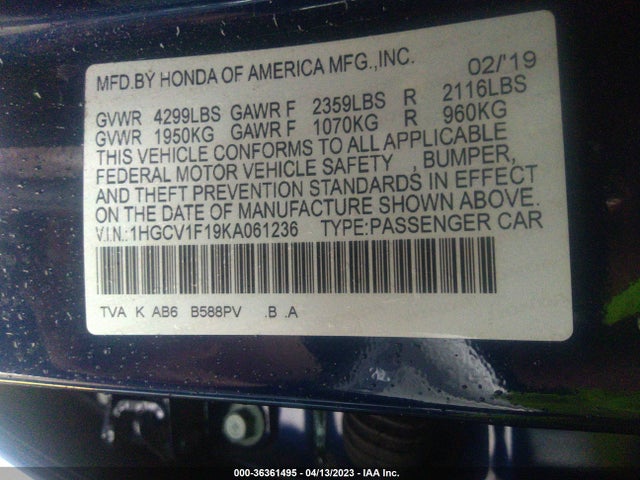 2019 HONDA ACCORD SEDAN LX 1.5T VIN: 1HGCV1F19KA061236