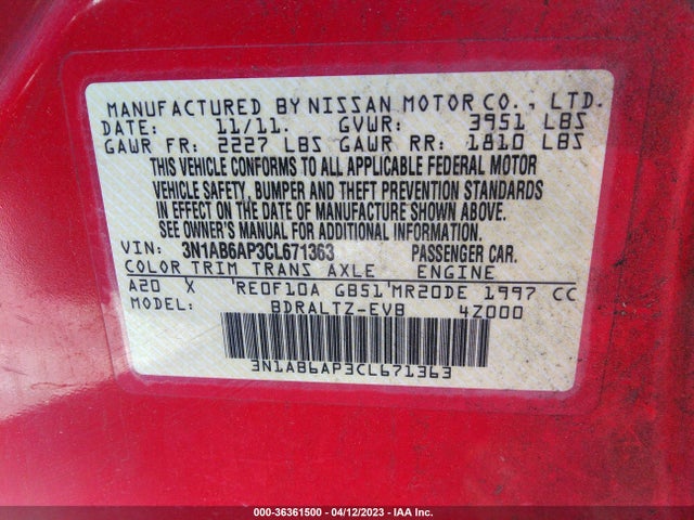2012 NISSAN SENTRA 2.0 SR VIN: 3N1AB6AP3CL671363