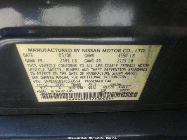 2007 NISSAN MAXIMA 3.5 SE VIN: 1N4BA41E17C800554