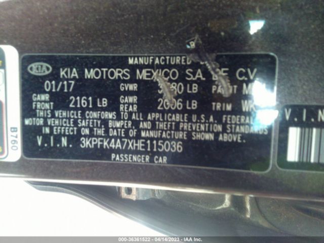 3KPFK4A7XHE115036 KIA FORTE LX