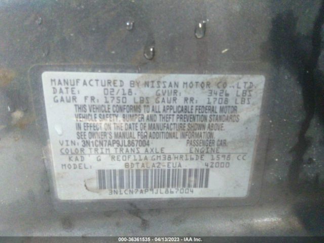 3N1CN7AP9JL867004 Nissan Versa Sedan S Plus