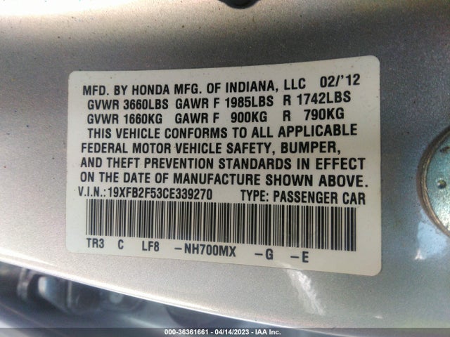 2012 HONDA CIVIC SDN LX VIN: 19XFB2F53CE339270
