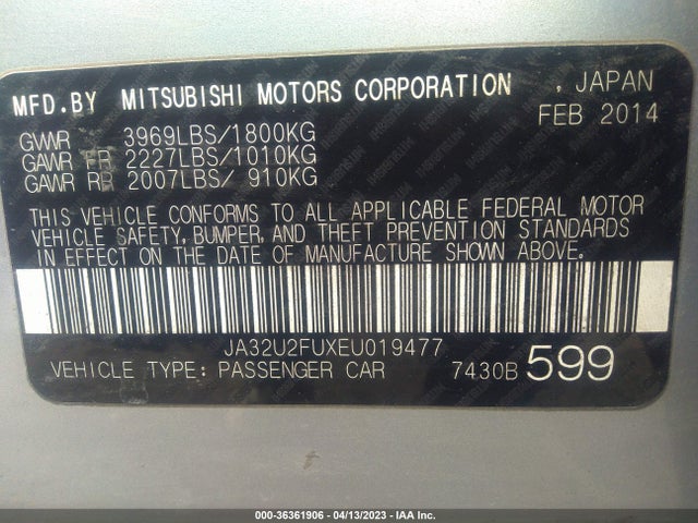 JA32U2FUXEU019477 Mitsubishi LANCER ES