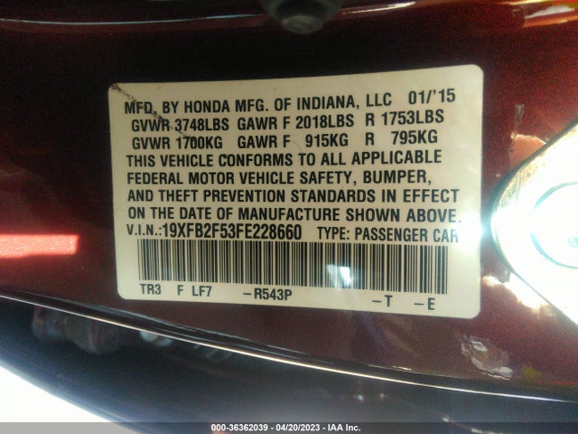 Honda Civic Sedan Lx 2015 19XFB2F53FE228660 Image 9