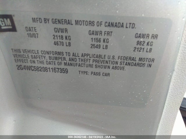 2008 BUICK LACROSSE CX VIN: 2G4WC582081167359