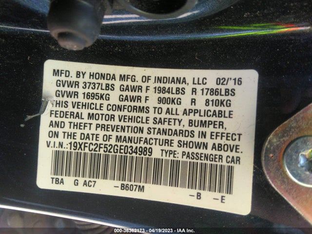 2016 HONDA CIVIC SEDAN LX VIN: 19XFC2F52GE034989