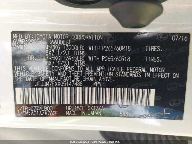 JTJJM7FXXG5147488 Lexus Gx 460 Luxury