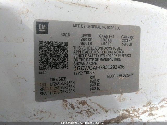 2018 CHEVROLET EXPRESS CARGO VAN VIN: 1GCWGAFG9J1292436