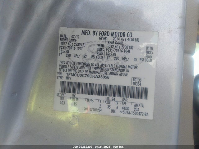 2012 FORD ESCAPE XLS VIN: 1FMCU0C79CKA33058
