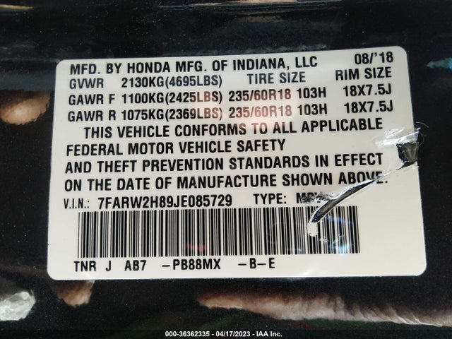 Honda Cr-v Ex-l 2018 7FARW2H89JE085729 Image 9