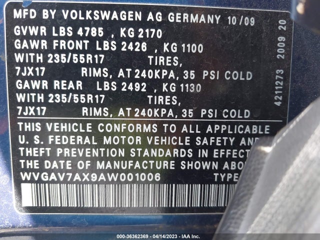2010 VOLKSWAGEN TIGUAN SE W/LEATHER VIN: WVGAV7AX9AW001006