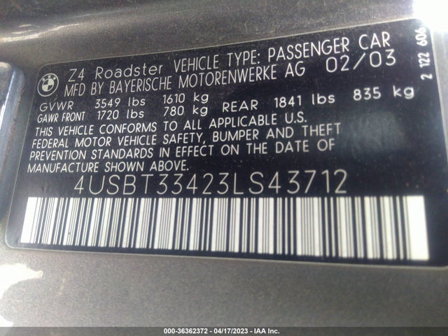 2003 BMW Z4 2.5I VIN: 4USBT33423LS43712