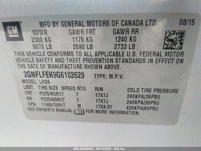 Chevrolet EQUINOX LT 2016 2GNFLFEK9G6102629 Image 9