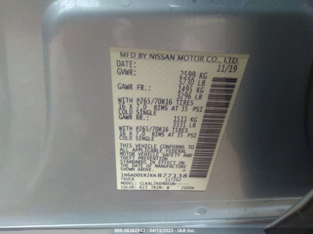 1N6AD0ER2KN877138 Nissan Frontier Sv