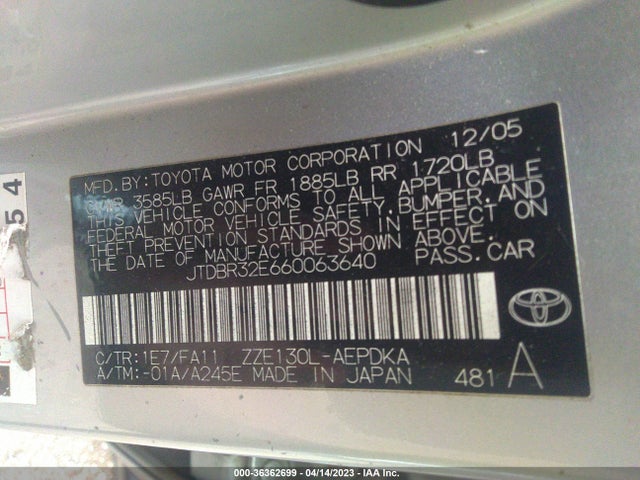 2006 TOYOTA COROLLA CE/LE VIN: JTDBR32E660063640