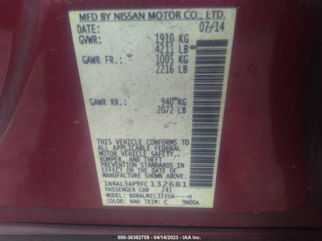 1N4AL3AP9FC132681 Nissan Altima 2.5 Sv