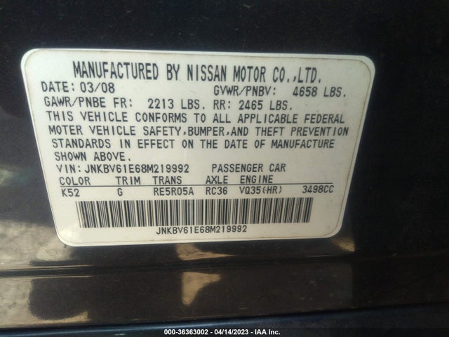 2008 INFINITI G35 SEDAN JOURNEY VIN: JNKBV61E68M219992